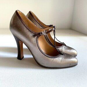 Marni Metallic Gold Mary Jane T Strap Almond Toe  Heels 36.5
